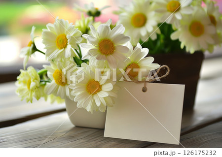Beautiful arrangement of white daisies in a vase with a heartfelt greeting card wishing an amazing day 126175232