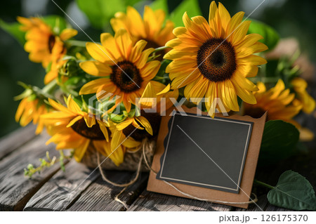 Heartwarming greeting card with empty space surrounded by vibrant sunflowers 126175370