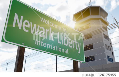 Newark Liberty International Airport Green Road Sign In Front of Air Traffic Control Tower. 126175455