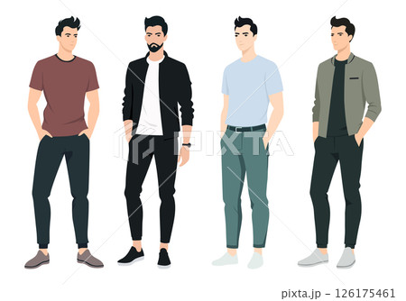 Stylish Men in Different Outfits. A set of fashionable men dressed in various outfits, including casual, formal, and street-style looks. 126175461