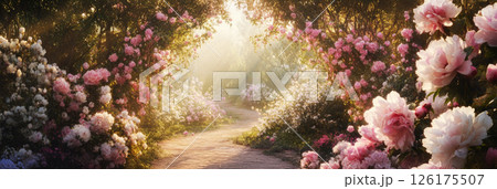 A calm sun rise in peony yard with pink light and lush air, perfect for peaceful floral or renewal themes, banner 126175507