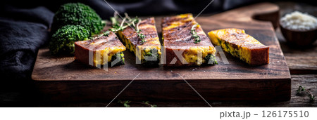 The golden frittata with broccoli, goat cheese, and Parmesan, arranged on a dark wooden surface. Moody lighting creates a warm, rustic atmosphere perfect for cozy entertaining, banner 126175510
