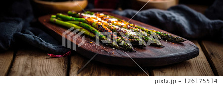 A plate of grilled asparagus garnished with Parmesan cheese and chili flakes, offering a fresh, crisp texture. This savory, healthy side dish brings a smoky, tender bite to any meal or snack 126175514