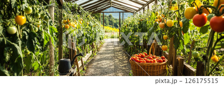A charming village greenhouse filled with vibrant rows of yellow and red tomatoes ripening on lush green vines, banner 126175515