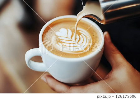 Creamy latte art in white cup, showcasing coffee preparation with precision 126175606