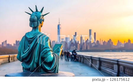 Liberty's quiet reflection: gazing at the vibrant tapestry of the cityscape 126175612