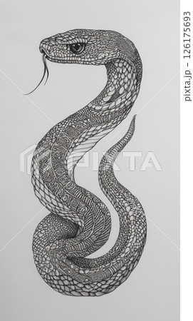Detailed ink drawing of a coiled snake. 126175693