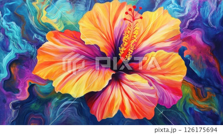 Vibrant hibiscus flower painting with abstract background. 126175694