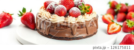 Decadent chocolate cake topped with fresh strawberries ready to be served at a dessert gathering 126175811