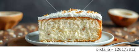 Coconut cream cake slice on a plate with coconut halves in the background during a cozy indoor setting 126175812