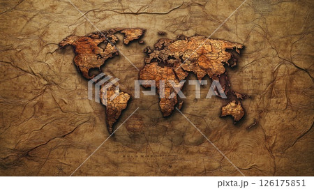 Aged world map on textured background. Aged world map on textured background. 126175851