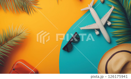 Summer Travel Concept with Plane, Hat, and Sunglasses Summer Travel Concept with Plane, Hat, and Sunglasses 126175941