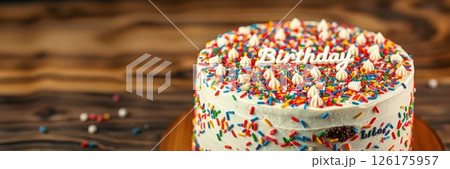Colorful birthday cake with sprinkles on a wooden table ready for celebration 126175957