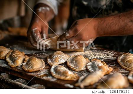 Baker is shaping traditional south american empanadas on a rustic wooden table dusted with flour 126176132