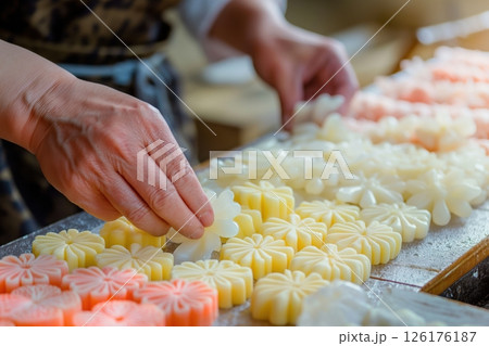 Close up of a confectioner's hands arranging delicate flower shaped wagashi, traditional japanese sweets, on a wooden table Close up of a confectioner's hands arranging delicate flower shaped wagashi, traditional japanese sweets, on a wooden table 126176187