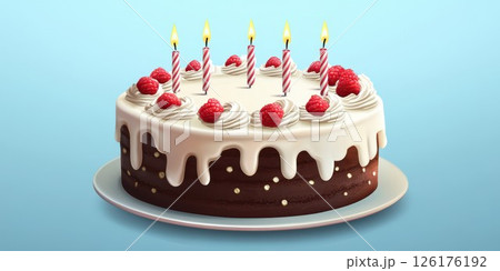 Birthday cake adorned with candles and raspberries on a pastel blue background 126176192