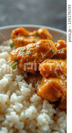 Delicious chicken in rich sauce served over fluffy white rice with fresh herbs for a satisfying meal 126176193