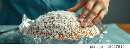 Baking a festive dessert topped with coconut flakes in a cozy kitchen during a joyful gathering 126176194
