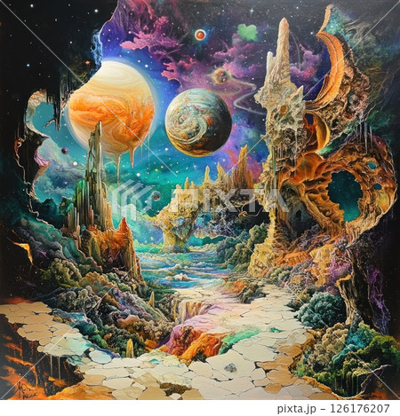 Psychedelic cosmic landscape painting with planets, vibrant colors, and surreal rock formations. 126176207