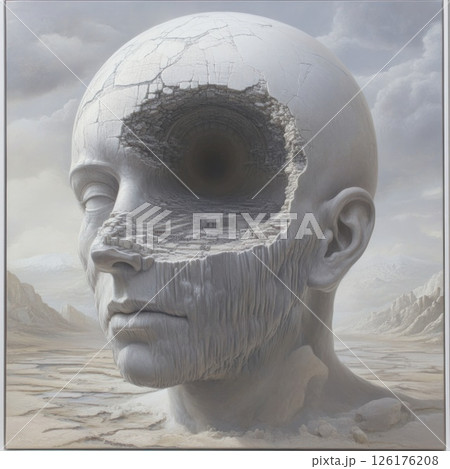 Crumbling head sculpture with a dark hole, desolate landscape. 126176208