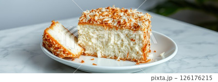 Delicious coconut cake presented on a white plate with a slice removed, showcasing its fluffy texture and topping Delicious coconut cake presented on a white plate with a slice removed, showcasing its fluffy texture and topping 126176215