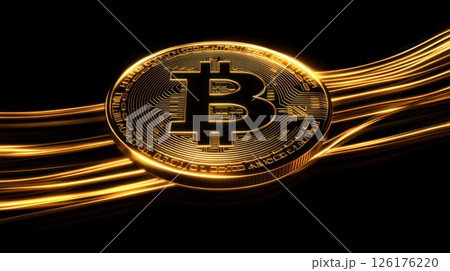 Golden Bitcoin on glowing digital lines. Golden Bitcoin on glowing digital lines. 126176220