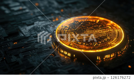 Glowing orange futuristic coin on dark circuit board. 126176272