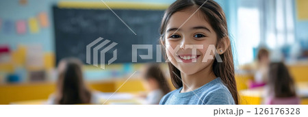 Smiling Arabian girl with dark hair turned halfway, gazing into the lens in a sunlit classroom with a chalkboard in the background, banner 126176328