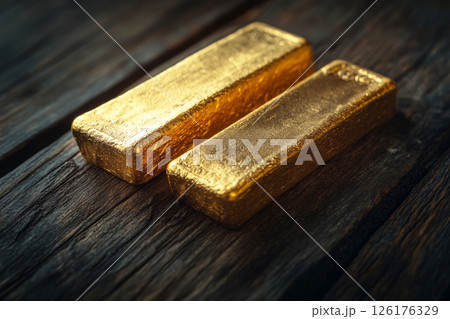 Neatly stacked gold bars on dark wood surface with soft glow and shadow, ideal for finance, wealth, and product photography themes 126176329