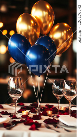 Elegant wine glasses, rose petals, and blue and gold balloons create a lavish setting, bathed in warm candlelight, perfect for a sophisticated and romantic celebration 126176342