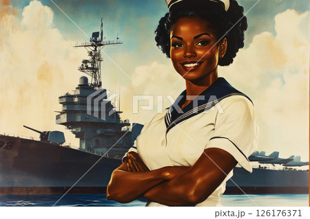 A young Afroamerican woman in a classic naval uniform stands proudly in front of a large battleship at a harbor under a clear blue sky, exuding confidence and strength. 126176371