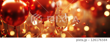 Red and gold balloons with silk ribbons surround sparkling drinks and elegant glasses, set against a glowing fairy light backdrop, adding luxury and charm to a festive celebration 126176384