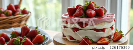Delicious strawberry cake with fresh strawberries displayed beautifully on a wooden table 126176399