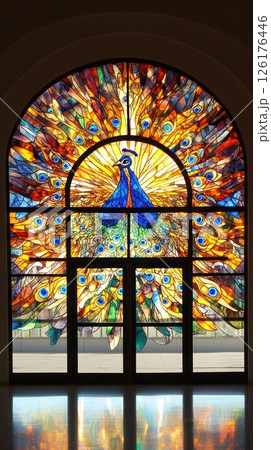 Majestic peacock depicted in a vibrant stained-glass window. Majestic peacock depicted in a vibrant stained-glass window. 126176446