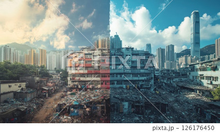 Urban Renewal Before & After Contrast of Slums to Modern Cityscape. 126176450