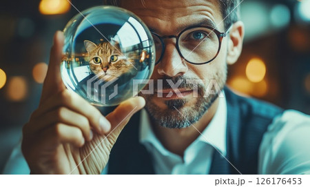 Man holding crystal ball showing cat. 126176453