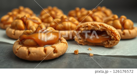 Delicious homemade caramel-filled cookies arranged on a dark surface with one cookie cut in half Delicious homemade caramel-filled cookies arranged on a dark surface with one cookie cut in half 126176572