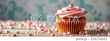 Delicious pink frosted cupcake surrounded by candy on a wooden table 126176881