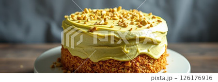 Delicious green tea cake topped with nuts on a rustic wooden table 126176916