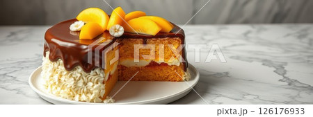Delicious cake topped with peaches and chocolate ganache on a marble countertop Delicious cake topped with peaches and chocolate ganache on a marble countertop 126176933