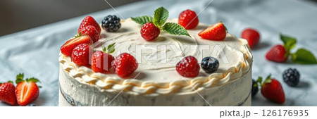 Delicious berry cake topped with fresh strawberries and mint on a light background Delicious berry cake topped with fresh strawberries and mint on a light background 126176935