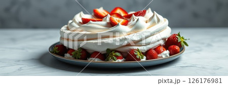 Strawberry dessert showcases whipped cream and fresh strawberries on a marble countertop 126176981