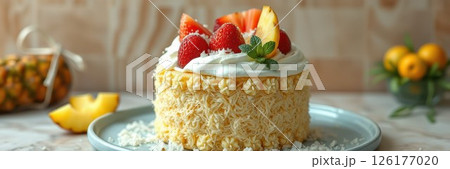 Delicious creamy cake topped with fresh fruits and coconut flakes on a blue plate Delicious creamy cake topped with fresh fruits and coconut flakes on a blue plate 126177020