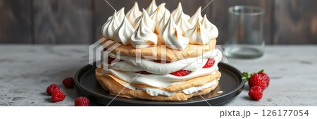 Delicious raspberry meringue cake served on a rustic wooden table at dessert time 126177054