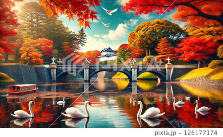 紅葉の皇居の二重橋 126177174