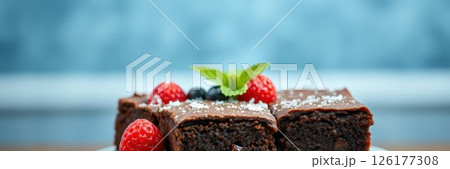 Delicious chocolate brownies topped with fresh berries and mint on a white plate against a blue background 126177308