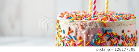 Colorful birthday cake with sprinkles and candles placed on a simple white background for celebration 126177309