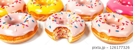 Colorful assorted donuts with sprinkles on a white background ideal for dessert lovers and party treats 126177326