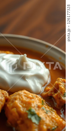 Creamy curry with dumplings and a dollop of yogurt served in a traditional bowl 126177328