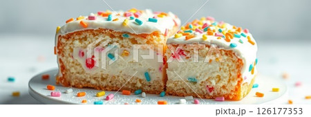Delicious cake with colorful sprinkles and creamy filling served on a plate perfect for celebrations and gatherings 126177353